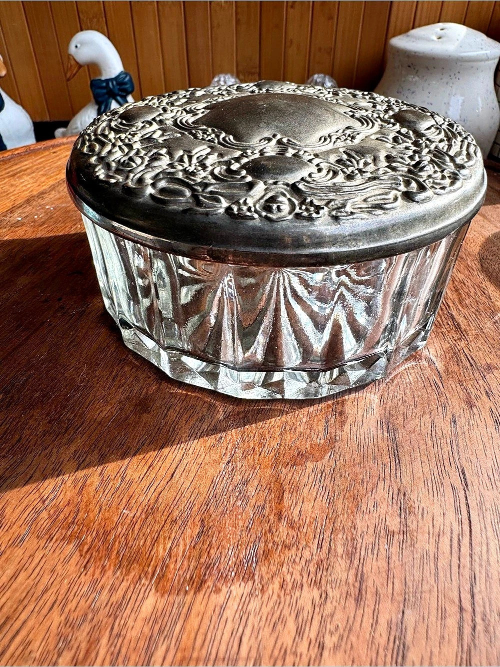Ornate Silver-Tone Glass Lidded Trinket Box